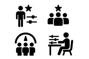 Vector illustration icons depicting user settings, group discussion, feedback mechanism, and interface adjustment for digital interactions