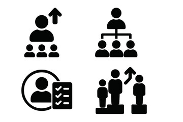 Vector illustration icons depicting various aspects of leadership, team management, and performance evaluation in professional environments