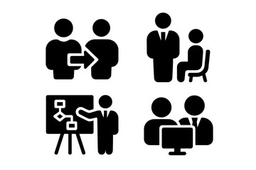 Vector illustration of business interactions showcasing communication, meetings, and presentations in a professional setting