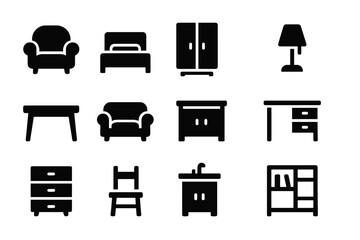 Vector illustration icons of various furniture items for home and office settings