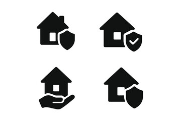 Digital vector icons illustrating home security concepts including protection, verification, and care strategies