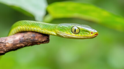 Close-Up of a Vibrant Green Tree Snake on a Branch Outdoors