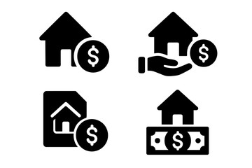 Vector illustration icons representing real estate transactions and financial exchanges with houses and money symbols