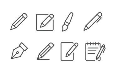 Vector illustration icons of various writing tools for creative and educational projects