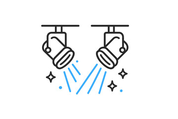 Vector illustration of two stage lights emitting beams of light with sparkling effects in a theatrical setting