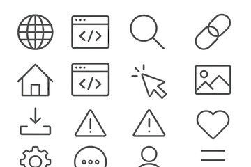 A collection of vector illustration icons depicting essential digital tools and concepts