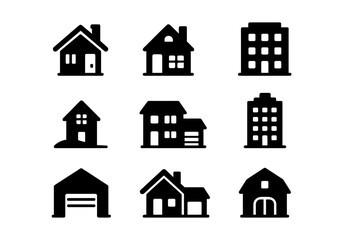 Fototapeta premium Collection of vector illustration icons depicting various types of houses and buildings for use in design projects