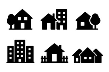 Collection of vector house icons representing various styles and configurations for design projects