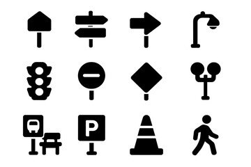 Vector illustration icons of various traffic signs and street elements suitable for urban planning or navigation design