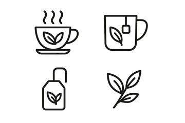 Vector illustration icons depicting tea and coffee with leaves in a minimalist style for beverage-related designs