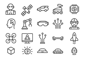 Vector illustration icons representing various aspects of technology, innovation, and robotics in modern society