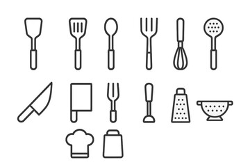 Collection of kitchen utensils illustrated in a vector style for culinary design and cooking purposes