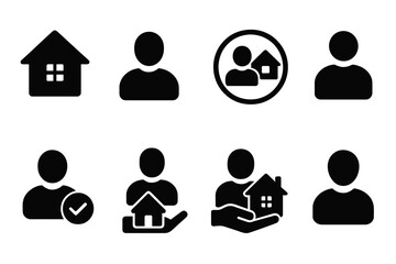Vector illustration icons representing Home, Users, and Care in Real Estate Activity