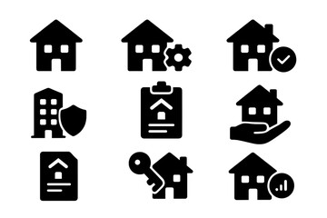 Vector icons illustrating various aspects of real estate and home management in a minimalist design