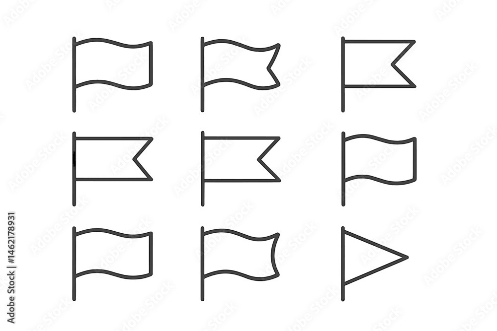 Poster collection of simple vector flag designs featuring various shapes and orientations in a clean layout