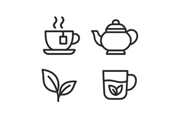 Tea preparation process illustrated with cup, teapot, leaves, and glass in simple vector design