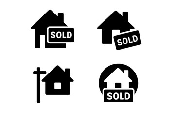 Vector illustration icons depicting homes with sold signs and real estate symbols for property transactions