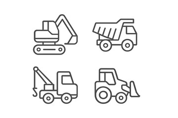 Construction equipment vector illustration featuring excavator, dump truck, tow truck, and tractor outlined in a simplistic design © icon_art