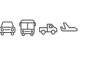 Vector illustration of various modes of transportation including a car, bus, truck, and airplane