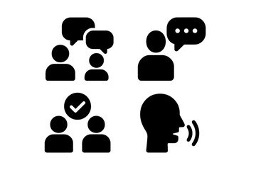 Vector illustration showing diverse communication icons including conversation, dialogue, confirmation, and speech
