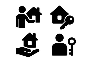 Vector illustration icons depicting home ownership, property keys, and real estate transactions in a modern style