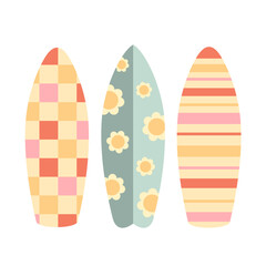 Retro groovy surfboards clipart, cute cartoon seasonal object. Summer hand drawn vector illustration in flat style	
