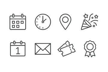 Calendar, clock, location pin, party hat, envelope, tickets, and award icon vector collection illustrating time and event planning