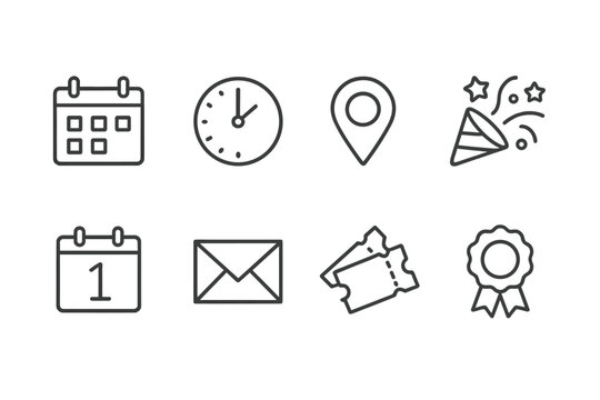 Calendar, clock, location pin, party hat, envelope, tickets, and award icon vector collection illustrating time and event planning