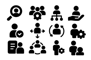 Collection of vector illustration icons representing teamwork, collaboration, and user interaction in a modern digital environment