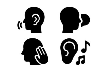 Vector illustration depicting communication activities with listening, speaking, and sound representation in simple icons