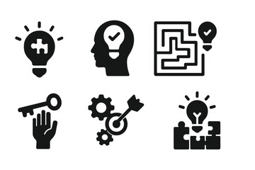 Creative icons representing problem solving with light bulbs, gears, and a maze