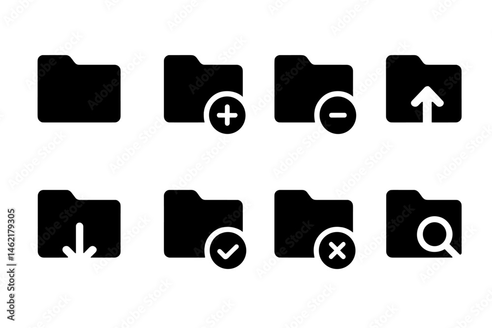 Aufkleber vector illustration of various folder icons representing different file management actions and statu