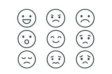 Various emotion faces represented as simple vector icons with expressions conveying happiness, sadness, surprise, and anger in a grid format
