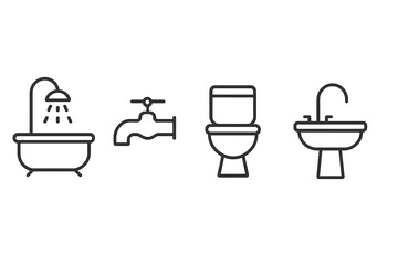 Vector illustration of bathroom fixtures including a bathtub, faucet, toilet, and sink in a minimalist design