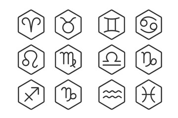 Vector illustration of twelve zodiac signs in hexagon shapes for astrology and horoscope themes