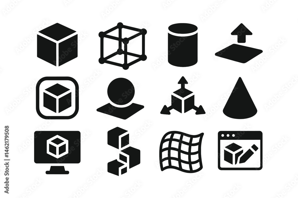 Poster vector illustration icons of various geometric shapes and 3d objects representing different concepts