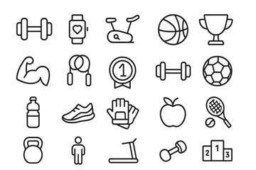 Vector illustration of fitness icons representing various sports, exercise equipment, and healthy lifestyle choices