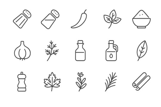 Kitchen spice and herb collection icon set featuring various seasonings and condiments in a simple vector style for culinary design