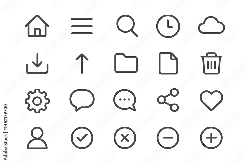 Poster vector illustration set of minimalist icons representing various digital and user interface actions 