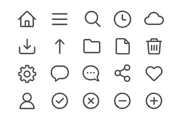 Vector illustration set of minimalist icons representing various digital and user interface actions for easy navigation and interaction