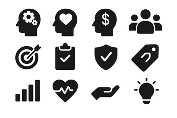 Vector illustration icons depicting various concepts of teamwork, finance, health, and strategy for modern business solutions