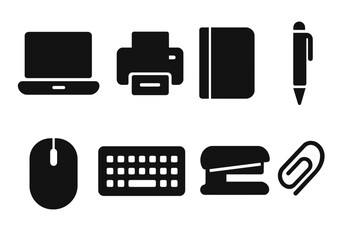 Vector illustration of essential office items including a laptop, printer, notebook, pen, mouse, keyboard, stapler, and paperclip