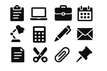 Vector illustration icons of office supplies and tools depicting work and organization in a professional environment