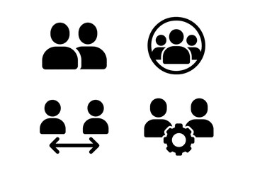 Vector illustration icons representing group dynamics, collaboration, and teamwork in various contexts