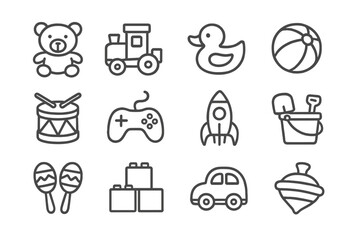 Vector illustration of various children's toys including a teddy bear, train, duck, and more for playful art designs