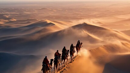 Caravan of camels walking across majestic sand dunes in the golden light of sunrise, desert expedition in remote arid landscape — Generative AI - Powered by Adobe
