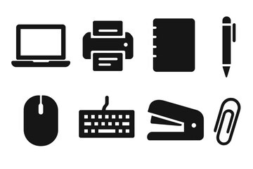 Vector illustration of essential office tools for a productive workspace including laptop, printer, and stationery items