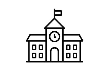 Vector illustration of a classic school building with a clock and flag on top