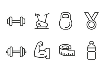 Fitness and workout icons representing various elements of health and exercise routines in a simple vector design