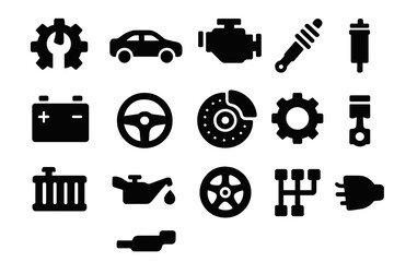 Vector illustrations of car maintenance icons depicting tools, components, and parts used in automotive care